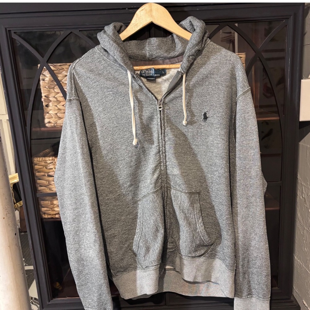 Vintage Y2K Polo Ralph Lauren Hoodie L Gray Exposed Seam Full Zip Pony